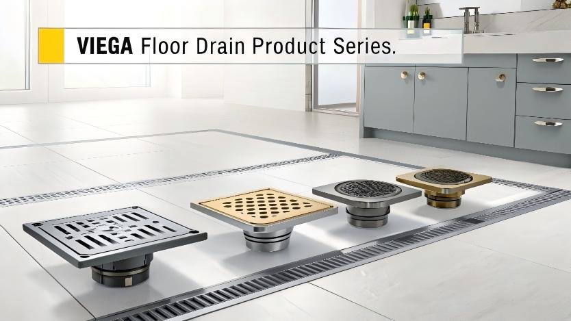 Slim-profile Viega drainage system in modern minimalist bathroom