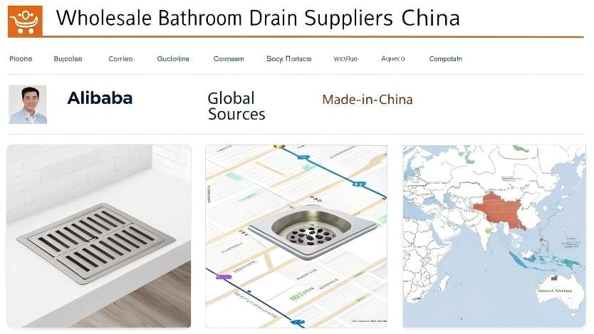 "Screenshot of Alibaba search results for wholesale bathroom drain suppliers from China”