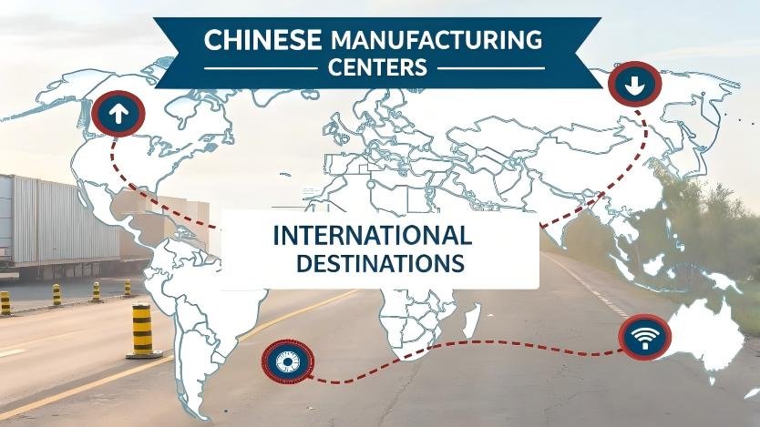 "Shipping containers being loaded with packaged bathroom drains for export"