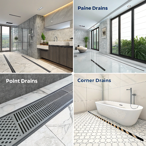 Application scenarios of different bathroom floor drain designs Image description: Showcasing linear drains, point drains, and corner drains in different bathroom environments 