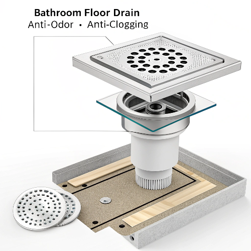 Modern bathroom floor drain internal anti-odor and anti-clogging structure Image description: Cross-section of professionally manufactured bathroom floor drain showing anti-odor technology and quick drainage system