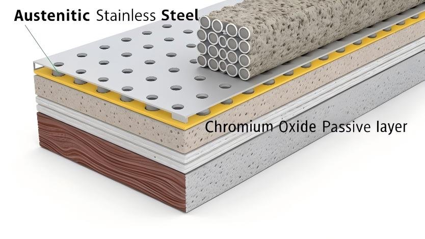 austenitic stainless steel microstructure with chromium oxide passive layer