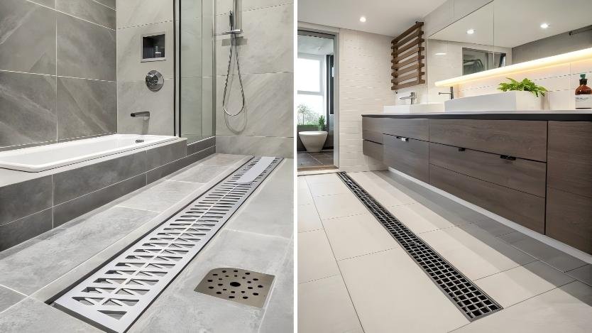 "Modern bathroom featuring curbless shower with sleek linear drain along wall"
