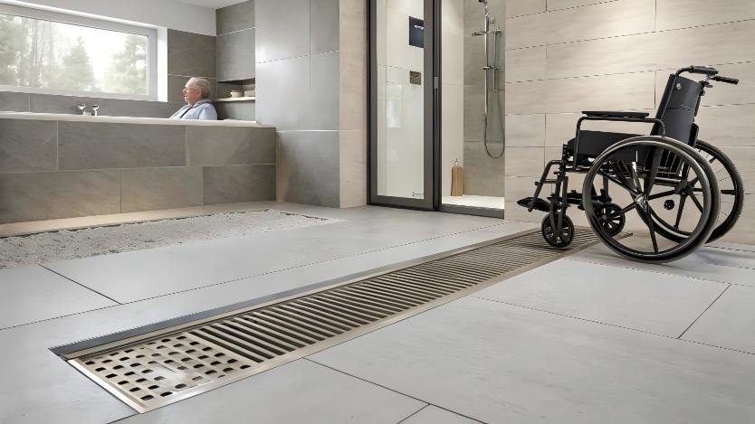 "Wheelchair-accessible shower design with linear drain enabling curbless entry"
