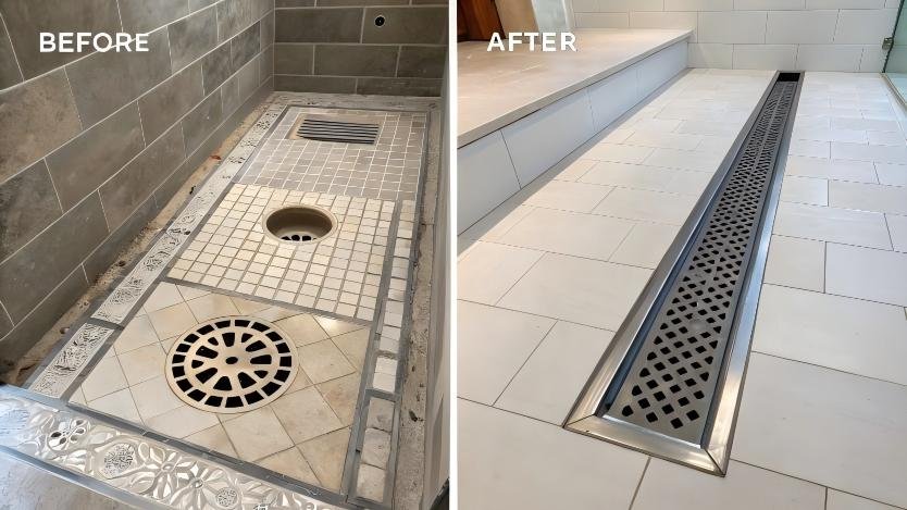 "Renovation before-and-after showing conversion from center to linear drain"