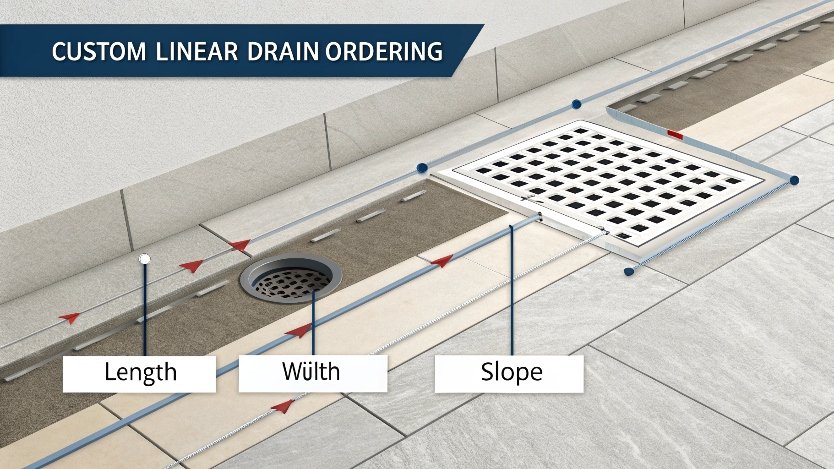 [Final image showing a completed modern shower installation with linear drain]
