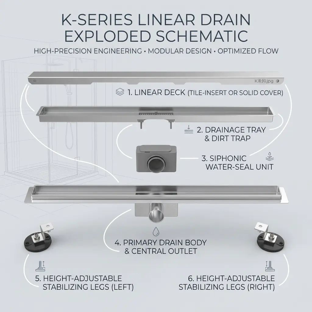 exploded linear drain with explanation